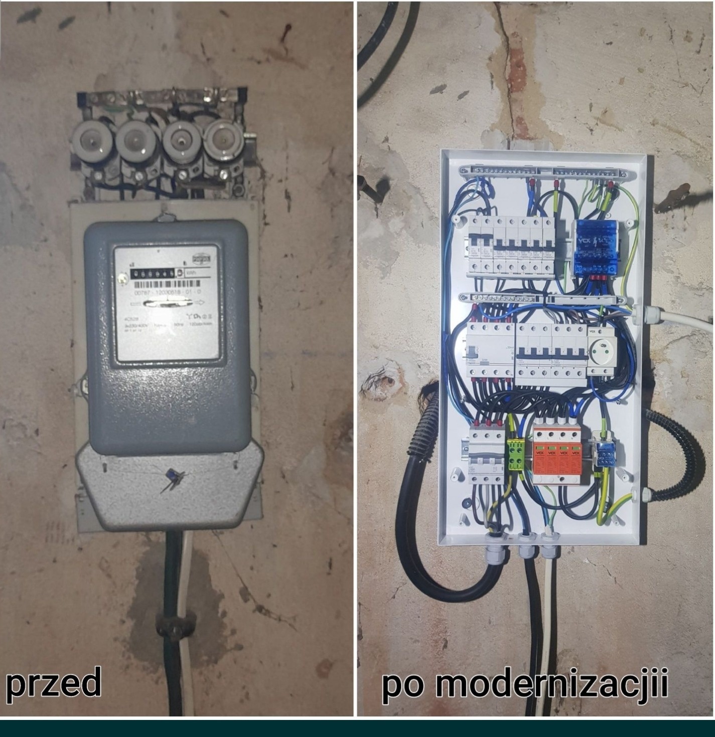 Porównanie stanu licznika elektrycznego i skrzynki bezpiecznikowej: przed wymianą - stary licznik z bezpiecznikami topikowymi, po modernizacji - nowoczesna skrzynka rozdzielcza z wyłącznikami...
