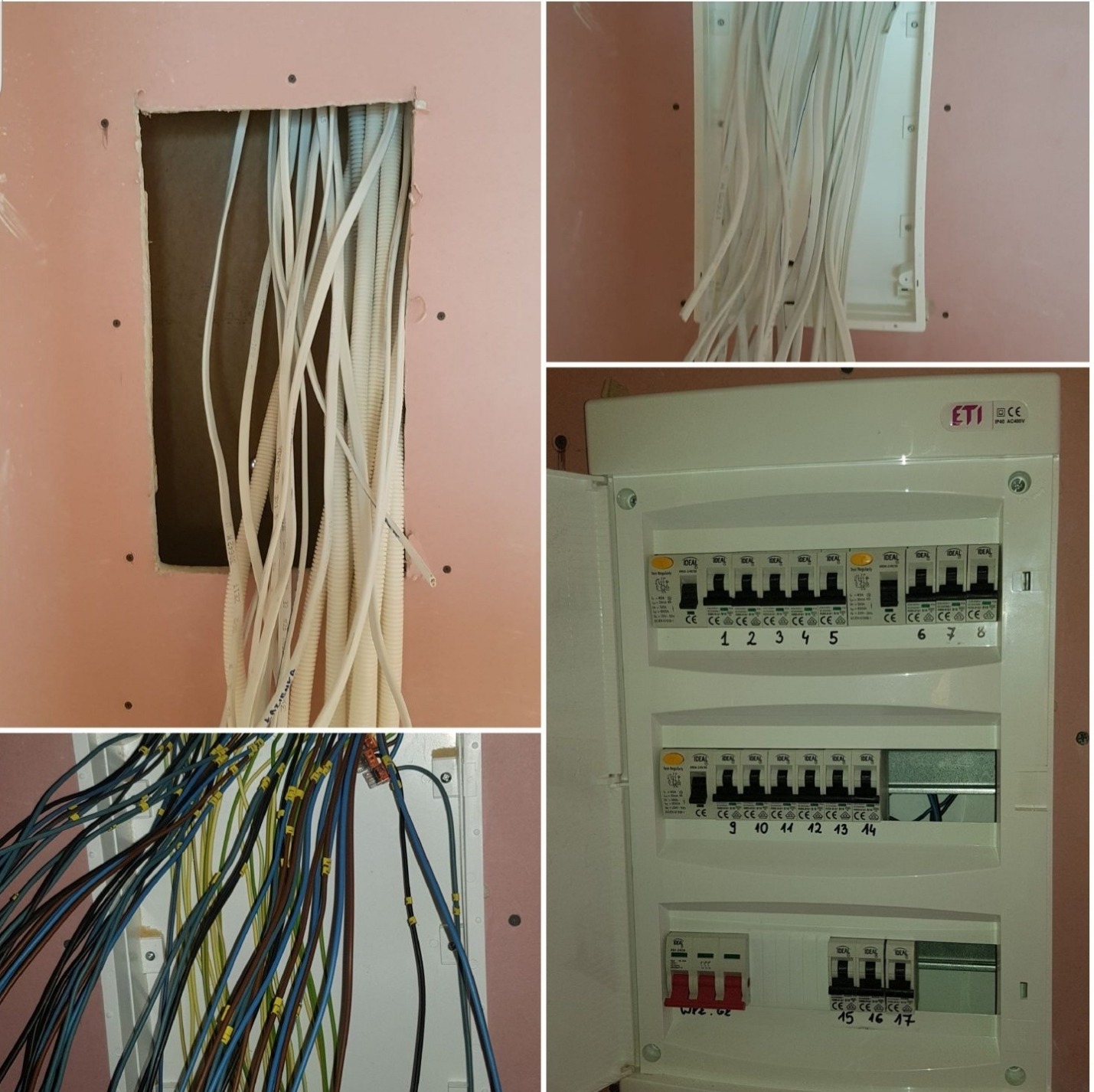 Rozdzielnica elektryczna z otwartymi drzwiczkami, widoczne liczne bezpieczniki z numeracją 1-17, kable prowadzone w ścianie i podłączone do rozdzielnicy, widoczne oznaczenia na kablach.