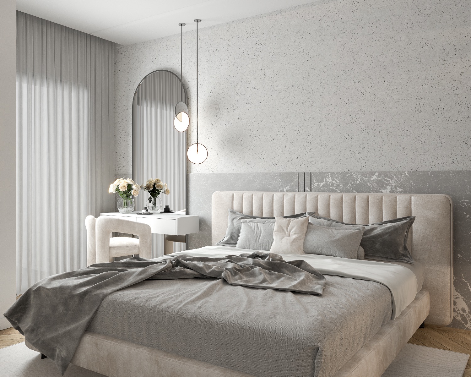 Elegancka sypialnia w odcieniach szarości i beżu z łóżkiem z tapicerowanym zagłówkiem, toaletką z lustrem w kształcie łuku i wiszącymi lampami kulami.