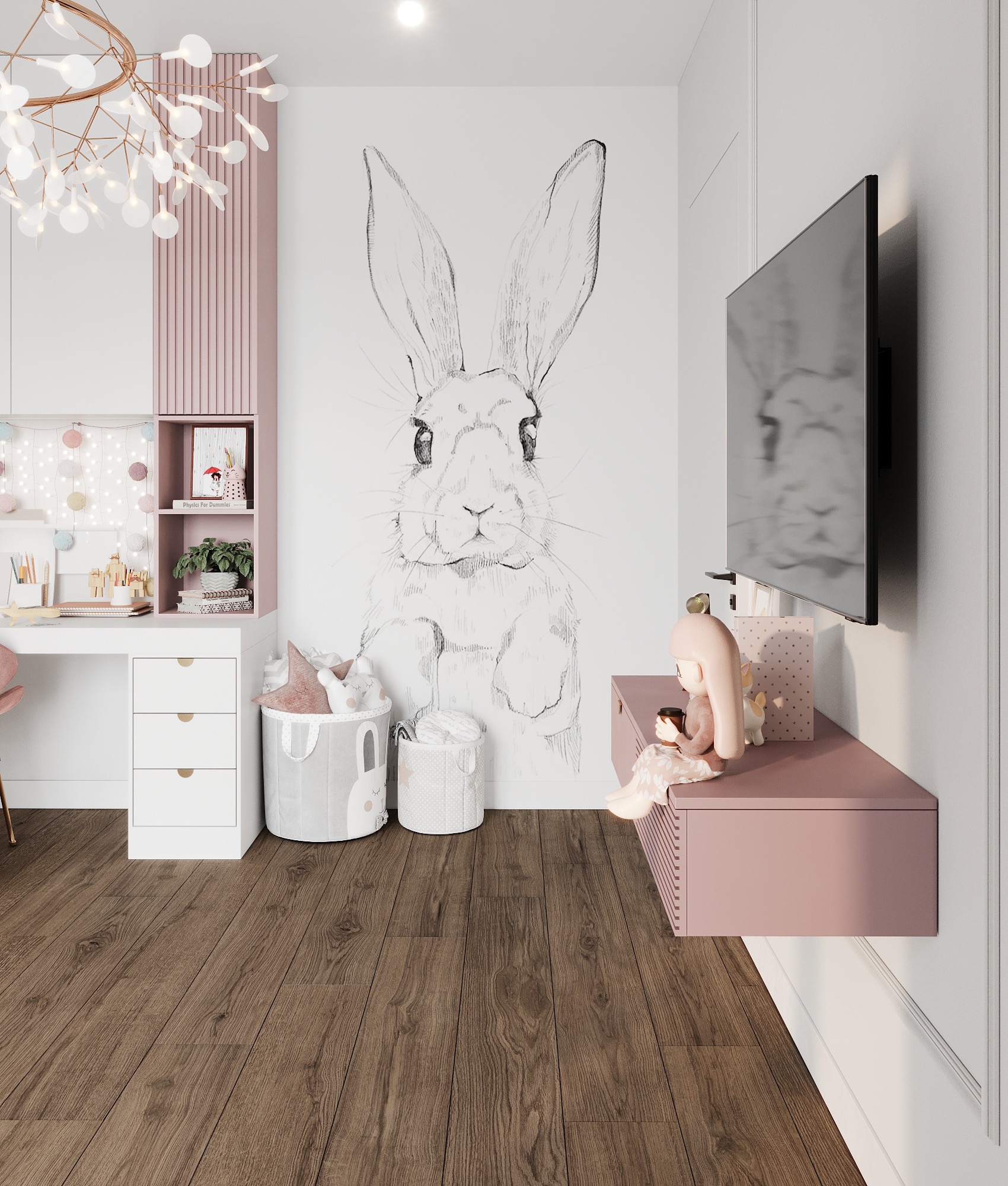 Pokój dziecięcy z biurkiem, szufladami, półkami, lampą, telewizorem, rysunkiem królika na ścianie, koszami na zabawki i figurką dziewczynki siedzącej na różowej szafce.