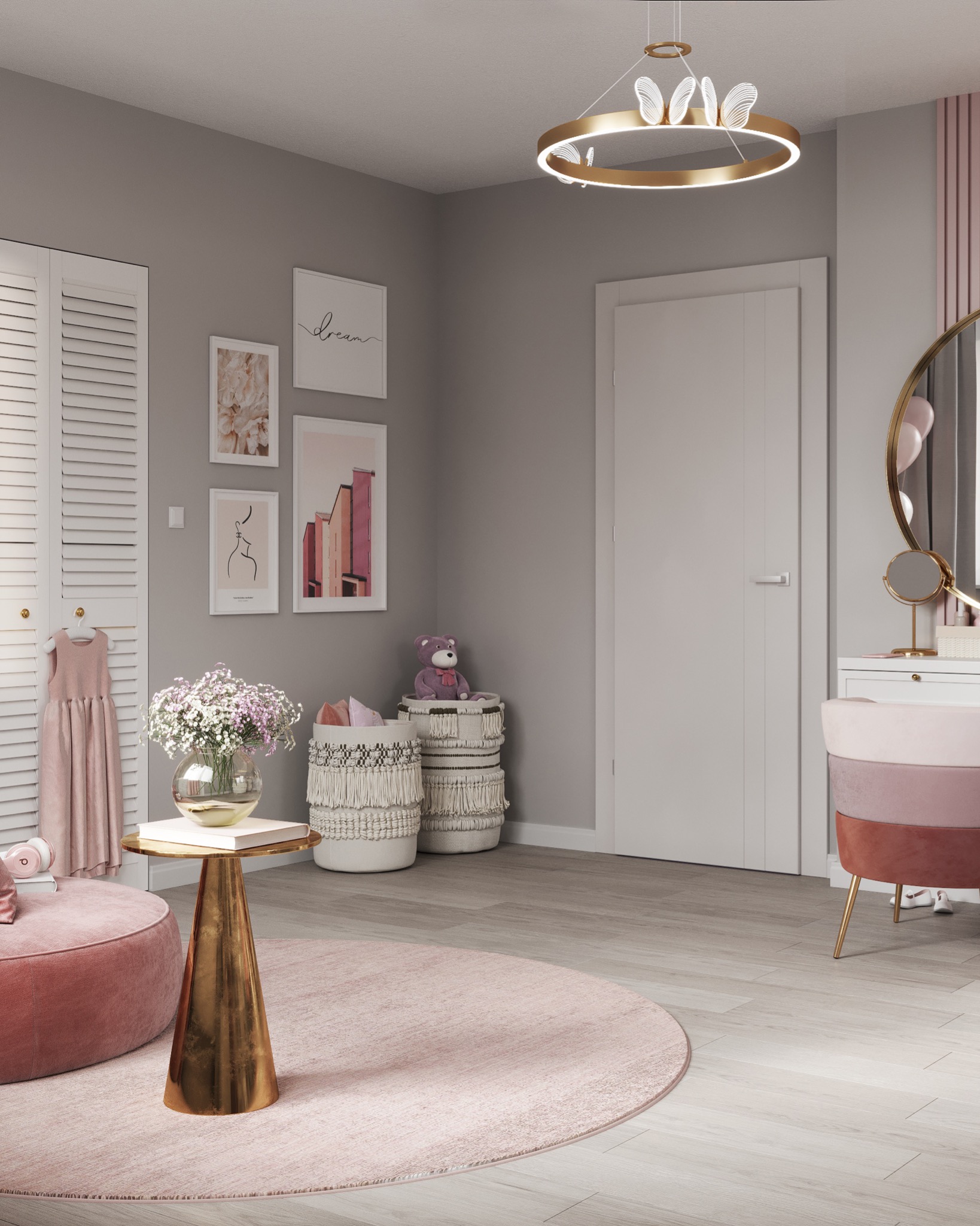 Pokój dziecięcy w pastelowych odcieniach z okrągłym dywanem, złotym stolikiem z kwiatami, pufą i dekoracjami ściennymi.