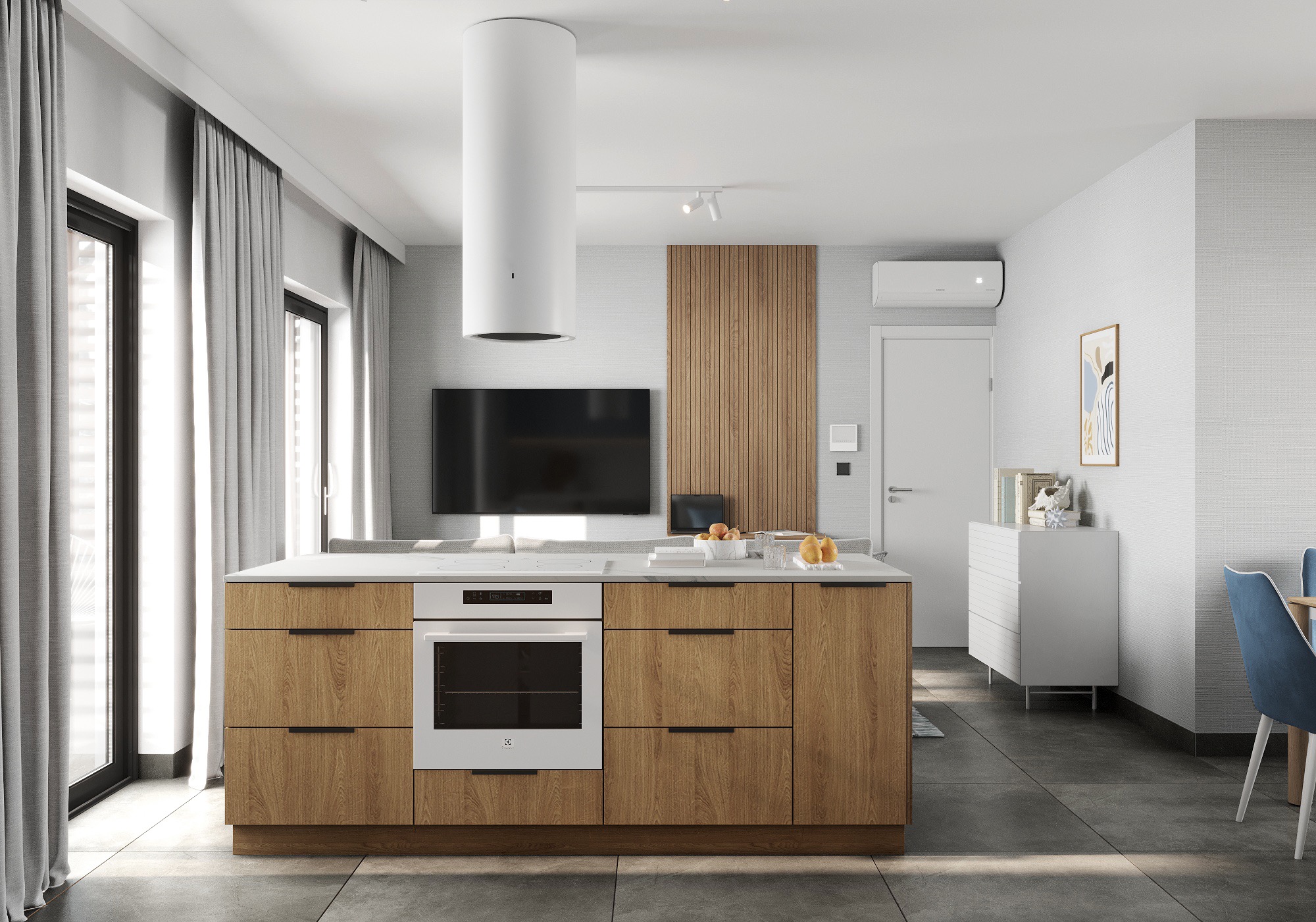 Nowoczesna kuchnia z wyspą, białe AGD Electrolux, drewniane fronty szafek, okrągły okap nad wyspą, salon w tle, minimalistyczny design.