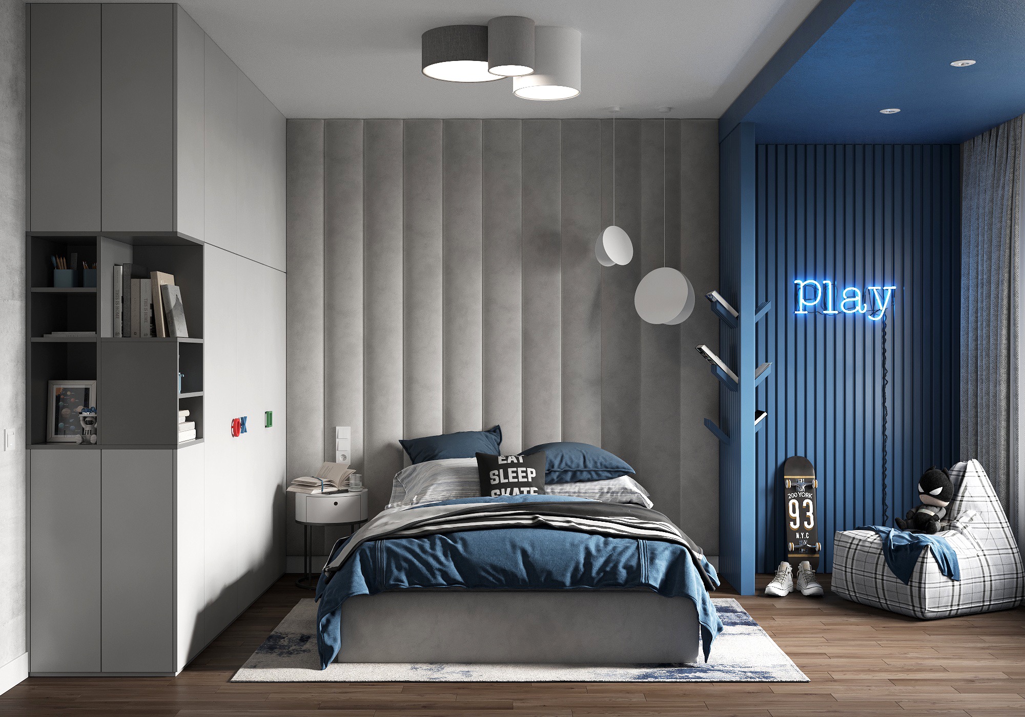 Nowoczesna aranżacja pokoju młodzieżowego z szarą tapicerowaną ścianą, łóżkiem z niebieską pościelą, szafą w zabudowie, neonem 'Play' i deskorolką opartą o ścianę