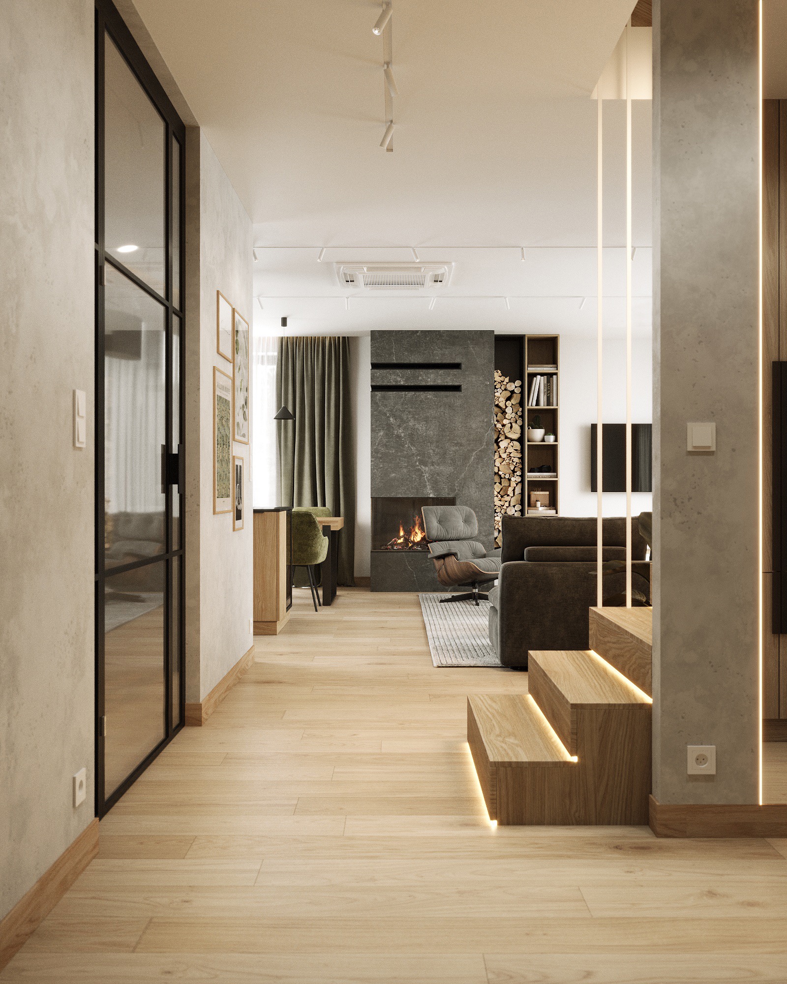 Nowoczesne wnętrze mieszkania z oświetlonymi schodami, kominkiem z szarego kamienia, drewnianą podłogą i szklanymi drzwiami w czarnej ramie, widziane z perspektywy wejścia.