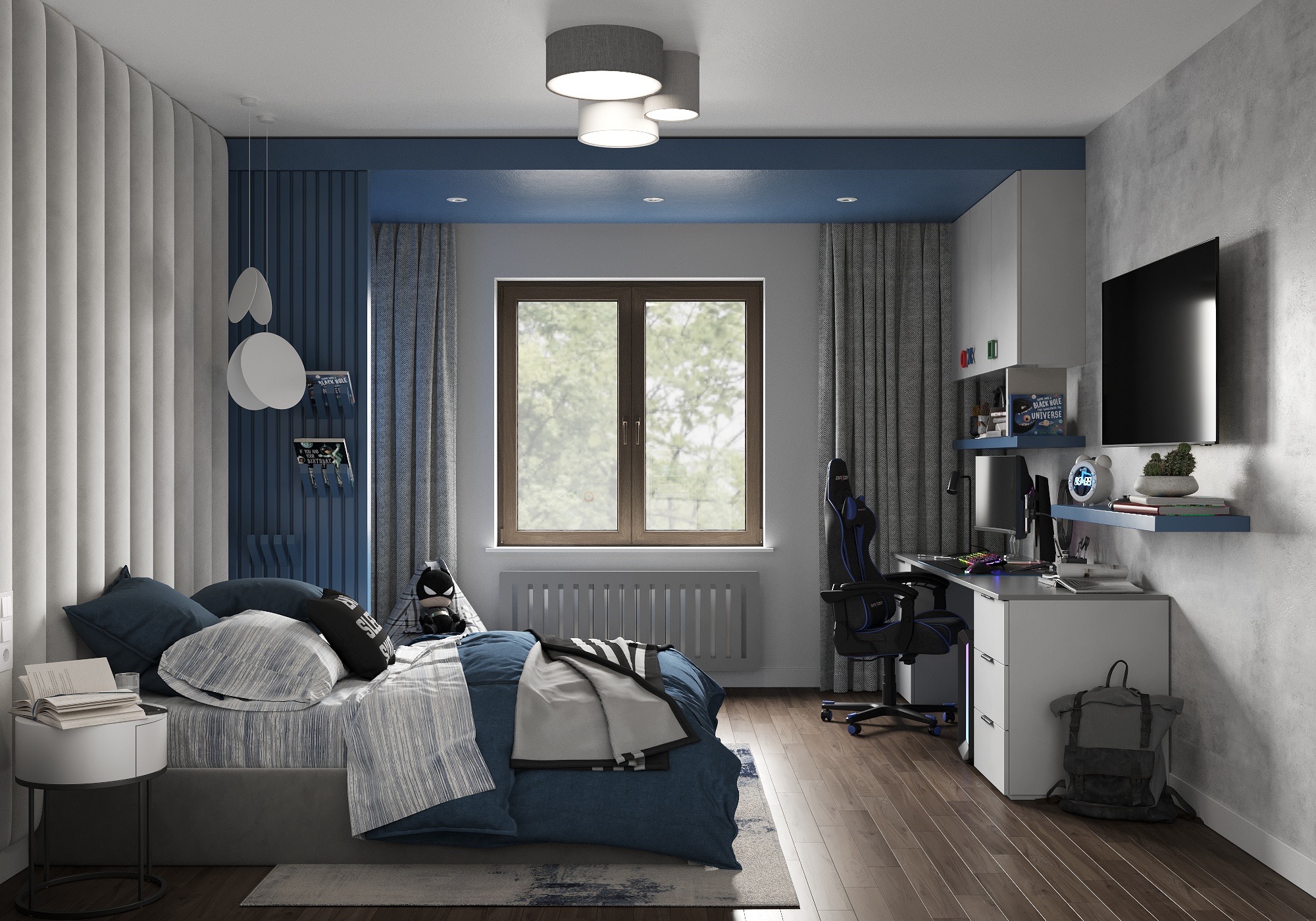 Pokój młodzieżowy z łóżkiem, biurkiem gamingowym, telewizorem na ścianie i oknem z widokiem na zieleń, utrzymany w odcieniach szarości i błękitu.