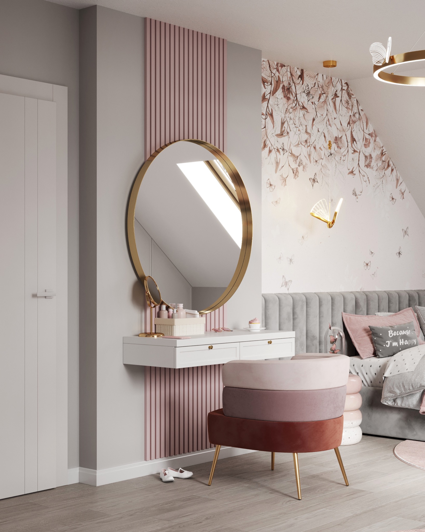 Nowoczesna sypialnia na poddaszu z toaletką z okrągłym lustrem w złotej ramie, tapetą w motyle, welurowym łóżkiem i pufą w odcieniach różu, oświetlona lampą w kształcie motyla.