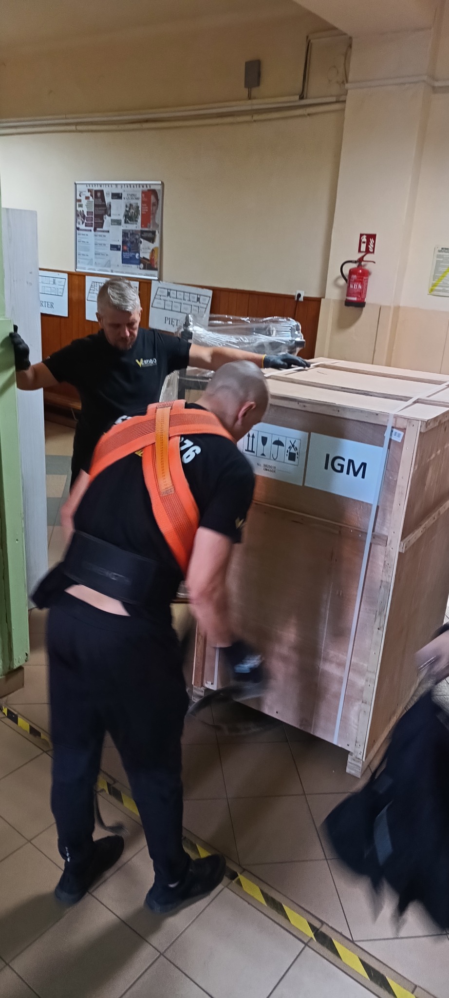 Pracownicy w czarnych uniformach i pomarańczowych szelkach transportują dużą drewnianą skrzynię z napisem IGM wewnątrz budynku.