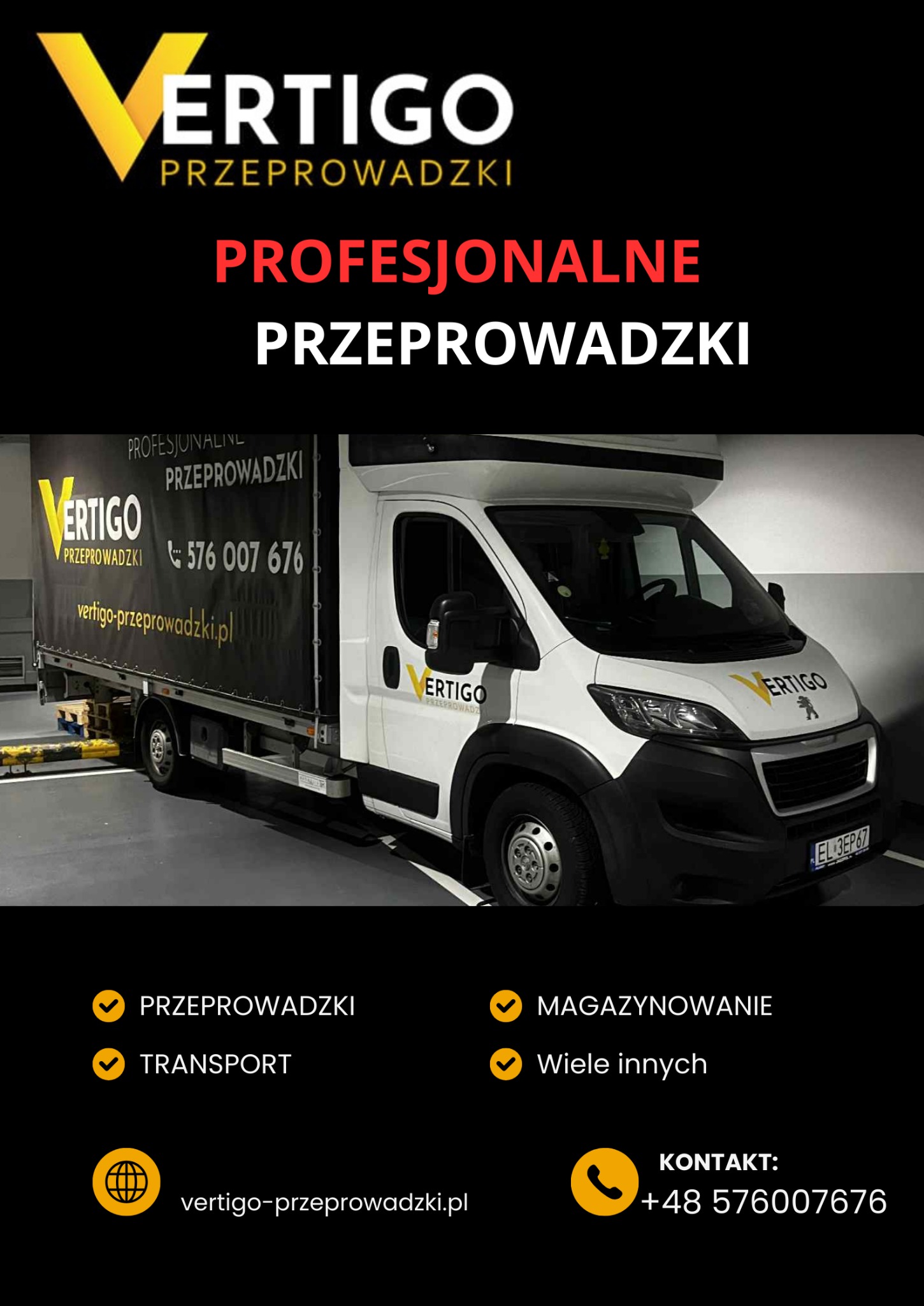 Biały bus Vertigo Przeprowadzki z czarną plandeką i numerem telefonu, zaparkowany w garażu. Reklama firmy transportowej z logo i hasłem 'Profesjonalne Przeprowadzki'.