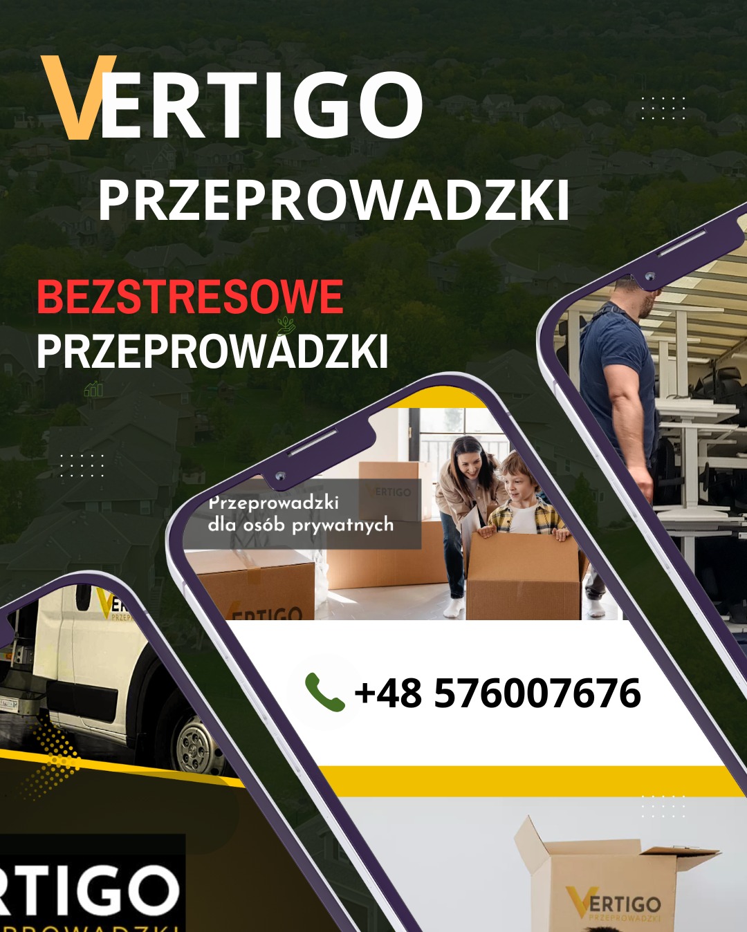 Grafika z hasłem 'Vertigo Przeprowadzki', stylizowana na smartfon. W tle budynki, w ramce telefonu rodzina pakująca karton. Widoczny numer telefonu.
