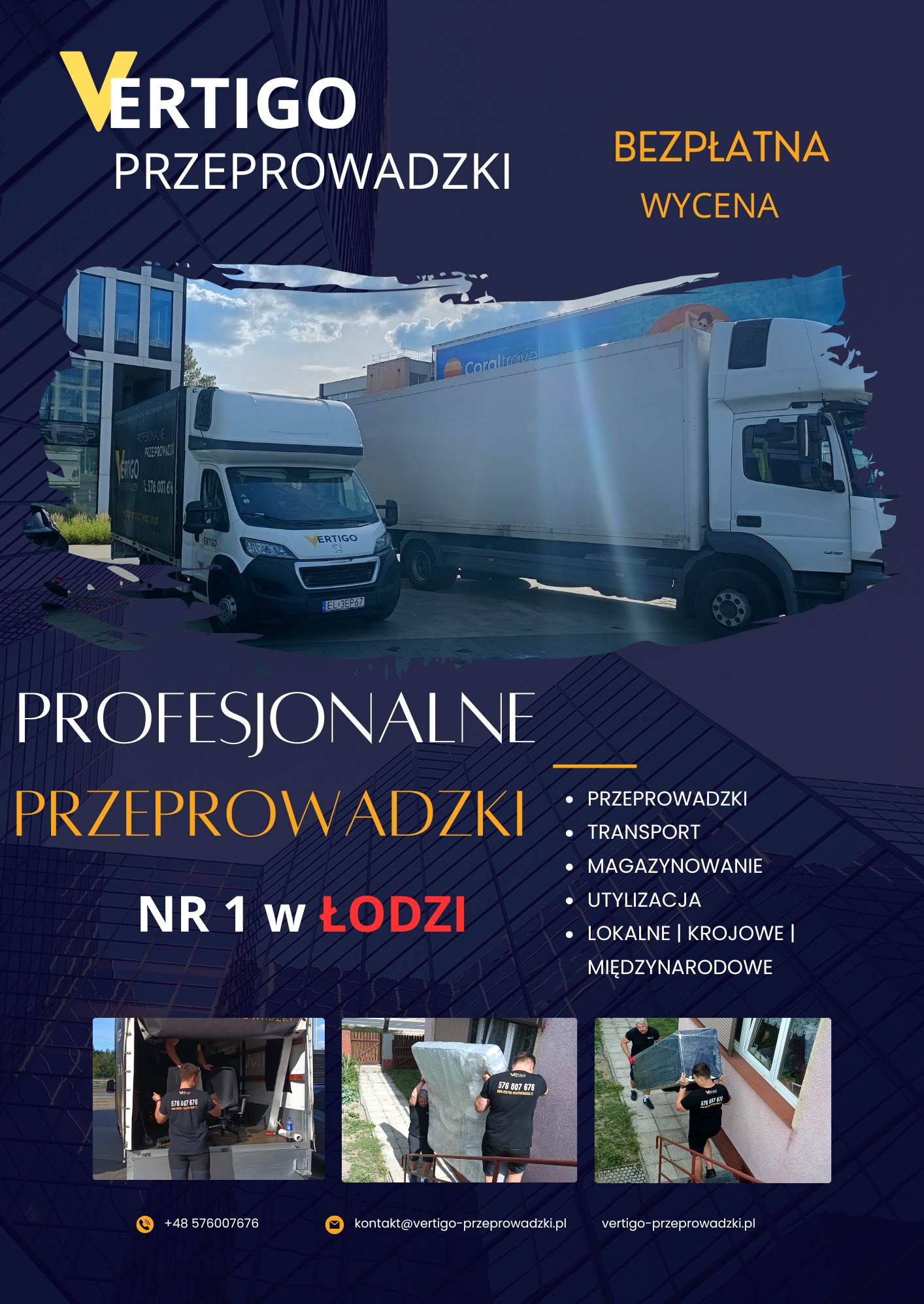 Reklama firmy przeprowadzkowej Vertigo z Łodzi: dwa samochody dostawcze na tle budynku biurowego i zdjęcia z załadunku mebli. Bezpłatna wycena.