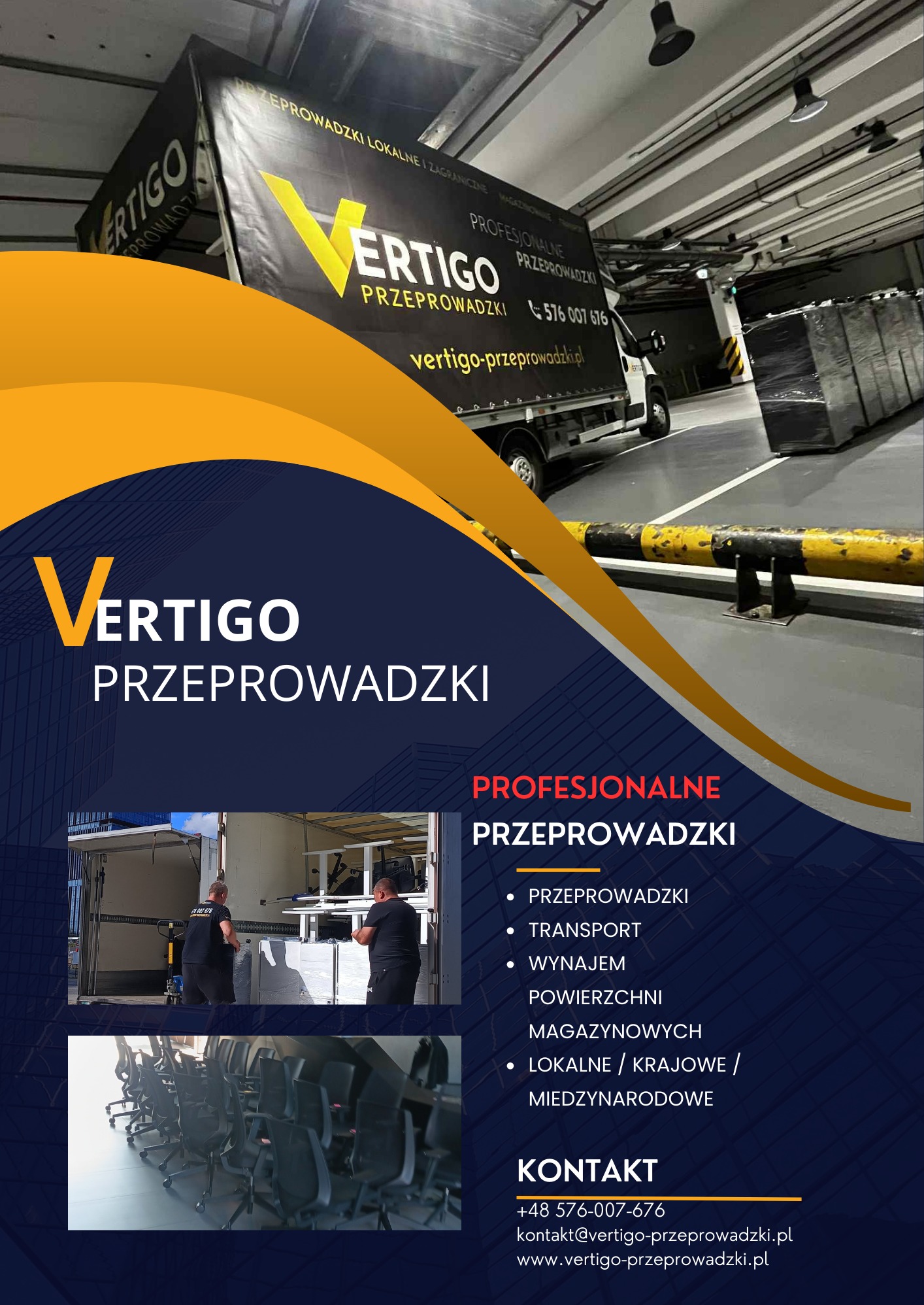 Grafika reklamowa firmy Vertigo Przeprowadzki z transportem, pracownikami i biurowymi krzesłami. Profesjonalne usługi przeprowadzkowe lokalne i międzynarodowe.