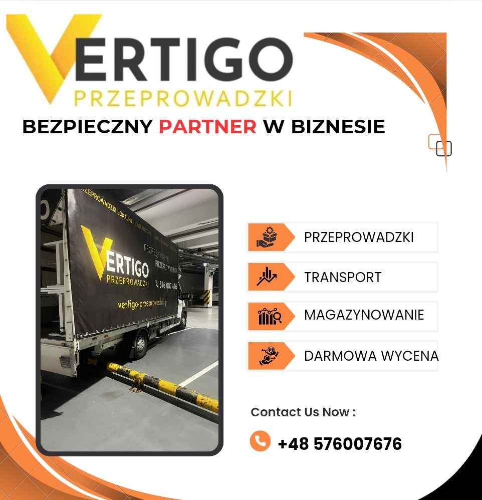 Reklama firmy przeprowadzkowej Vertigo z ciężarówką w garażu podziemnym, oferującej darmową wycenę i magazynowanie. Bezpieczny partner w biznesie.