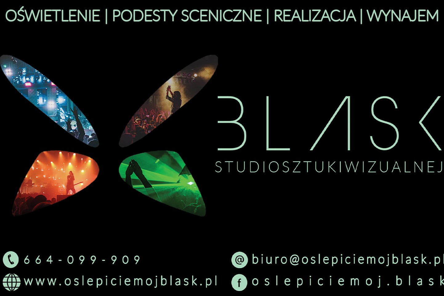 Grafika reklamowa firmy Błask Studio Sztuki Wizualnej, prezentująca oświetlenie sceniczne i podesty, z kontaktami: numer telefonu, adres e-mail i strona internetowa.