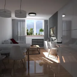 Wizualizacja wnętrza mieszkania z aneksem kuchennym, białymi krzesłami Eames przy stole, szarą ścianą z telewizorem i dużym oknem z widokiem na zieleń.