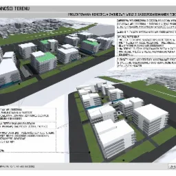 Wizualizacja koncepcji zabudowy wielorodzinnej z częścią usługową w parterze, budynki o 5-6 kondygnacjach z płaskim dachem i zielonymi tarasami, fragment analizy chłonności terenu.