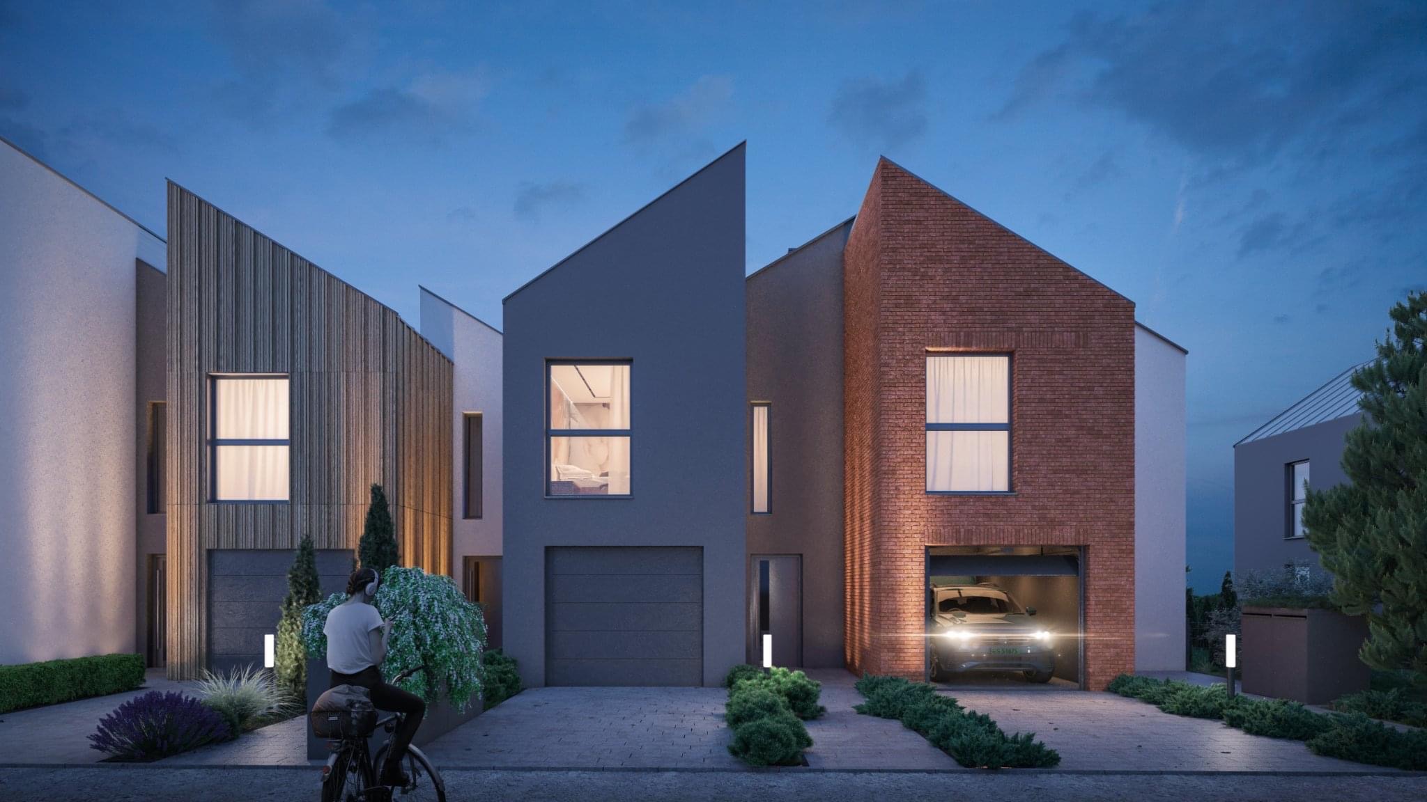 Wizualizacja szeregu nowoczesnych domów jednorodzinnych z garażami, o zróżnicowanej elewacji: drewno, cegła, szary tynk. Osoba na rowerze przed budynkiem. Oświetlenie zewnętrzne i włączone światła...