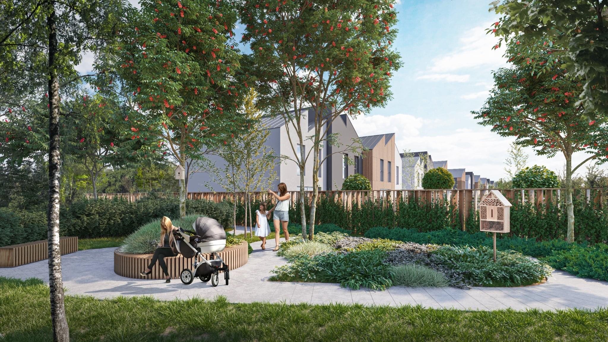 Wizualizacja osiedla domów z zielonym terenem rekreacyjnym, ławkami, ścieżkami i domkami dla owadów, ukazująca nowoczesną architekturę wkomponowaną w naturalne otoczenie.