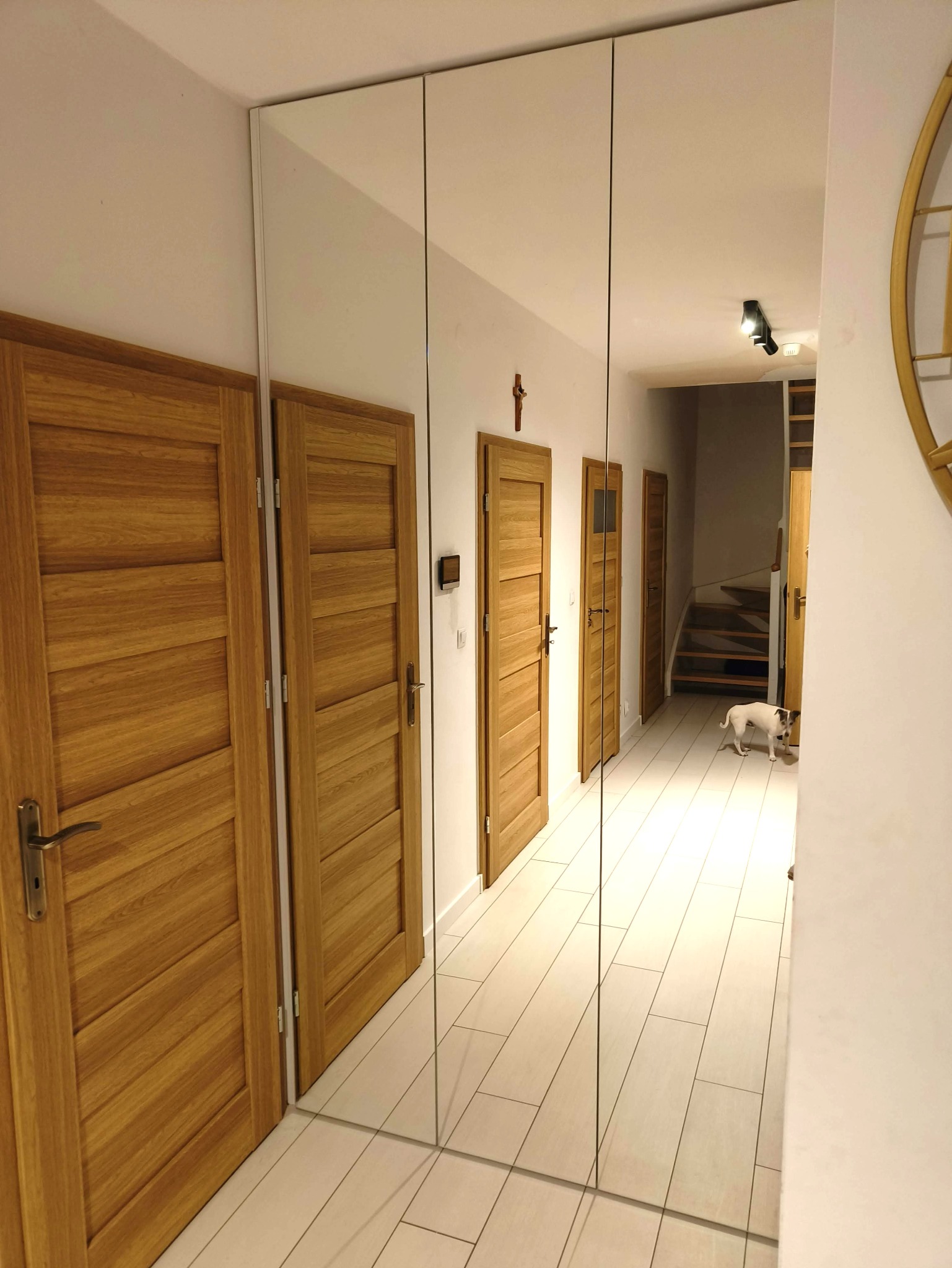 Nowoczesna szafa wnękowa z lustrzanymi frontami, wkomponowana w korytarz z drewnianymi drzwiami i jasną podłogą. Widoczny pies w głębi korytarza.