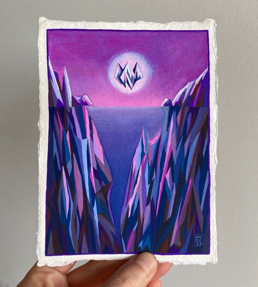 Praca na zamówienie. Znak zodiaku strzelec, ukryta tajemnica, ametyst. technika gwasz, papier bawełniany khadi