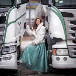 Kobieta w długiej turkusowej sukni i białym futrze pozuje między kabinami dwóch białych ciężarówek z zielonymi akcentami.
