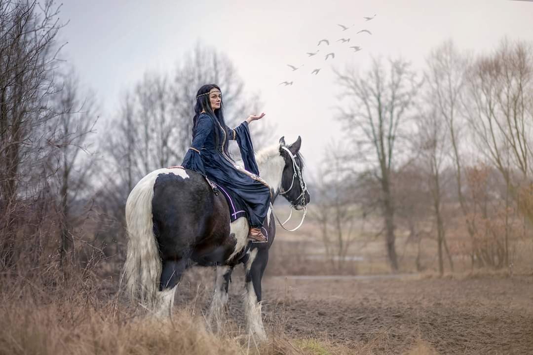 Kobieta w długiej, granatowej sukni siedzi na czarno-białym koniu, wyciągając rękę do stada ptaków na tle jesiennego krajobrazu.