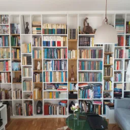 Biała, modułowa biblioteka na całą ścianę, wypełniona książkami, ozdobami i lampami, z drewnianą podłogą i szarą kanapą z niebieską poduszką w tle.