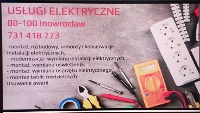 Ogłoszenie usług elektrycznych: adres w Inowrocławiu, numer telefonu, wykaz usług (montaż, remonty, modernizacje, usuwanie awarii) oraz narzędzia elektryczne, miernik i przedłużacz na szarym tle.