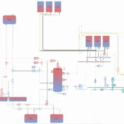 Schemat instalacji centralnego ogrzewania z zaznaczonymi strefami i komponentami, przedstawiony w formie graficznego projektu technicznego z użyciem różnych kolorów dla odróżnienia poszczególnych...