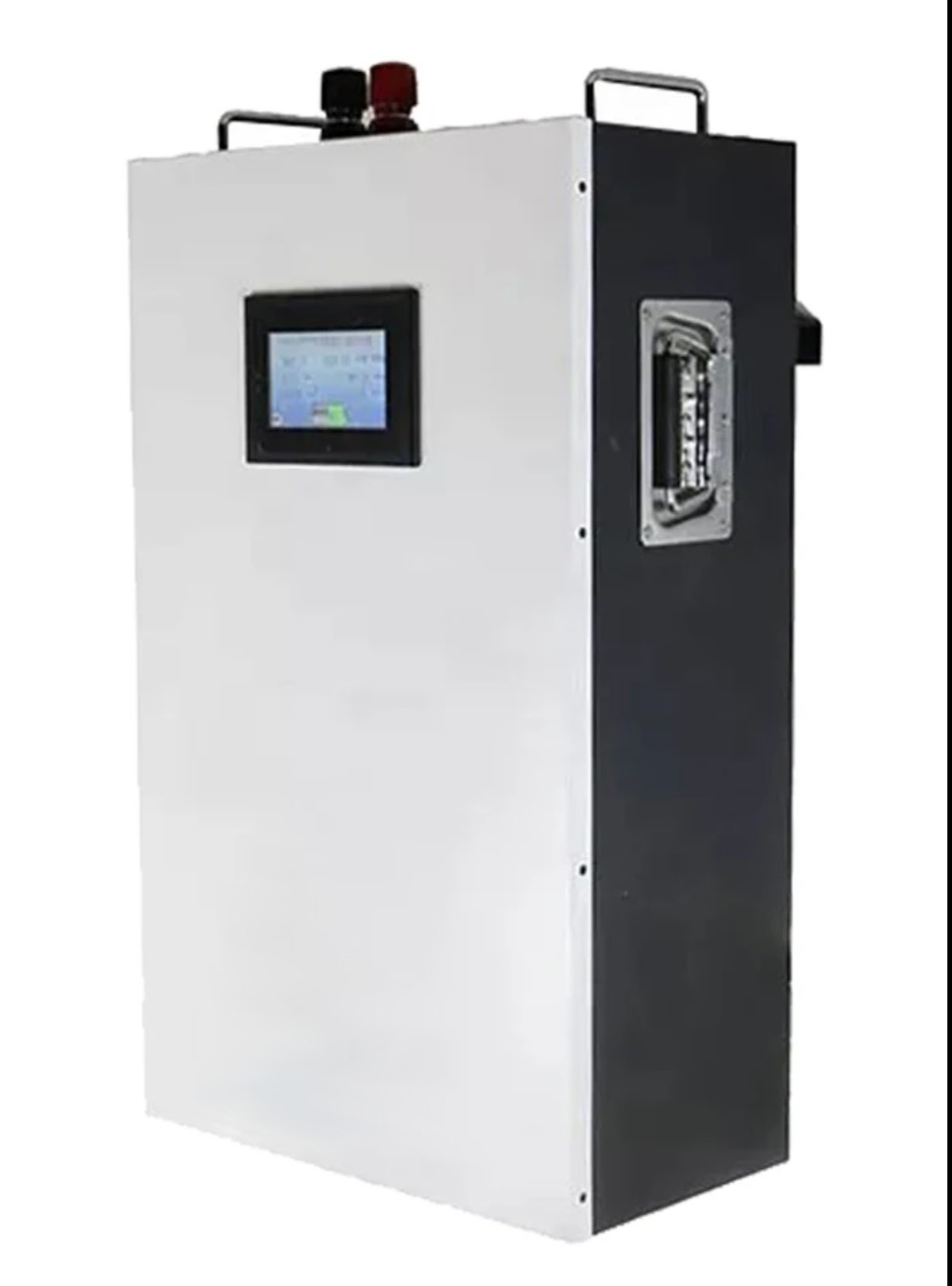 Przenośny magazyn energii z wyświetlaczem, oferowany w Białymstoku, z uchwytami transportowymi na górze i boku.