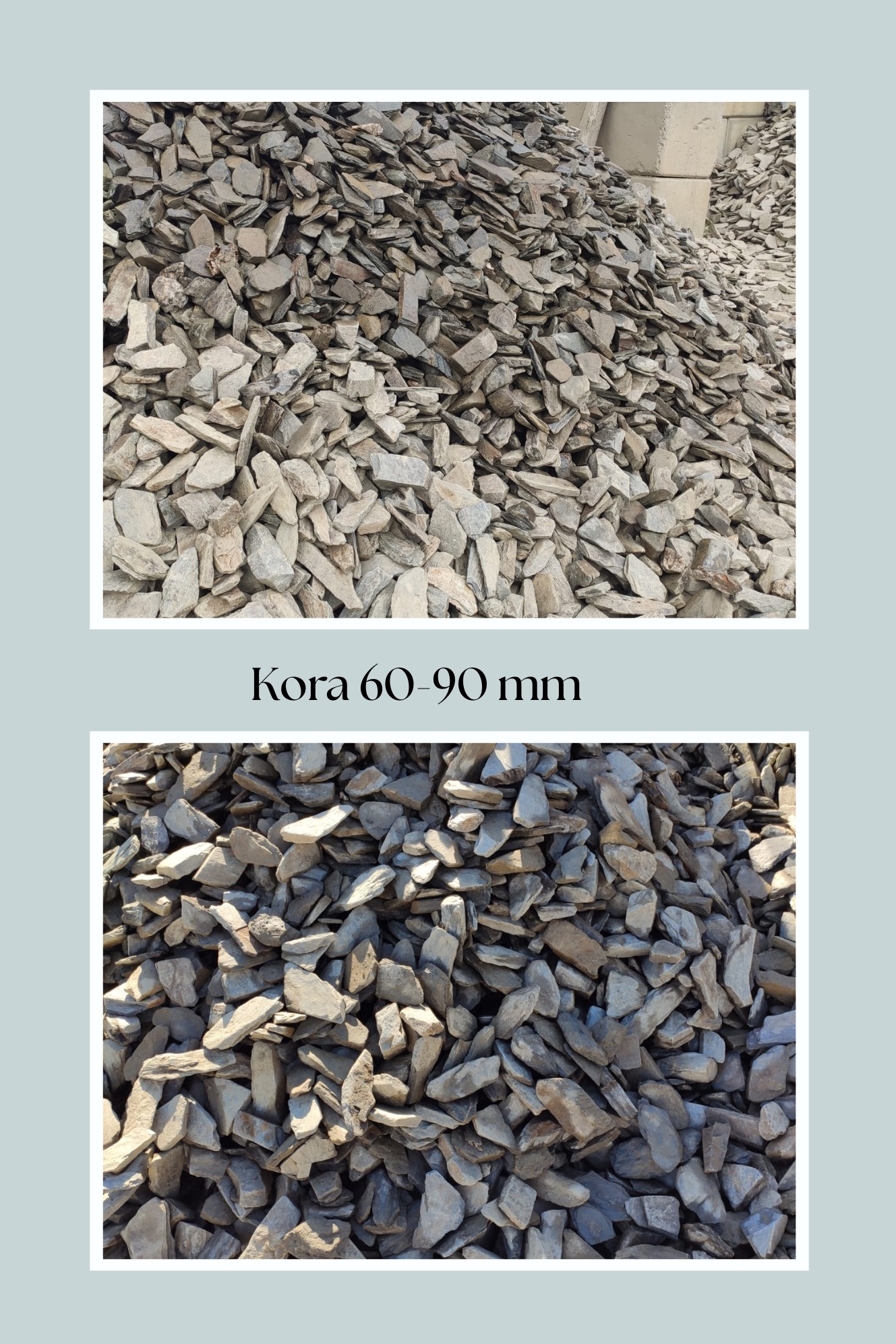 Dwa ujęcia kory kamiennej o granulacji 60-90mm, ułożonej w pryzmy. Widoczne nieregularne kształty kamieni w odcieniach szarości i beżu, zróżnicowane oświetlenie.