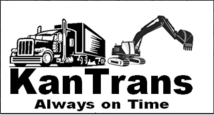 Czarno-biała grafika wektorowa przedstawiająca ciężarówkę z naczepą i koparkę, nad napisem 'KanTrans Always on Time'.