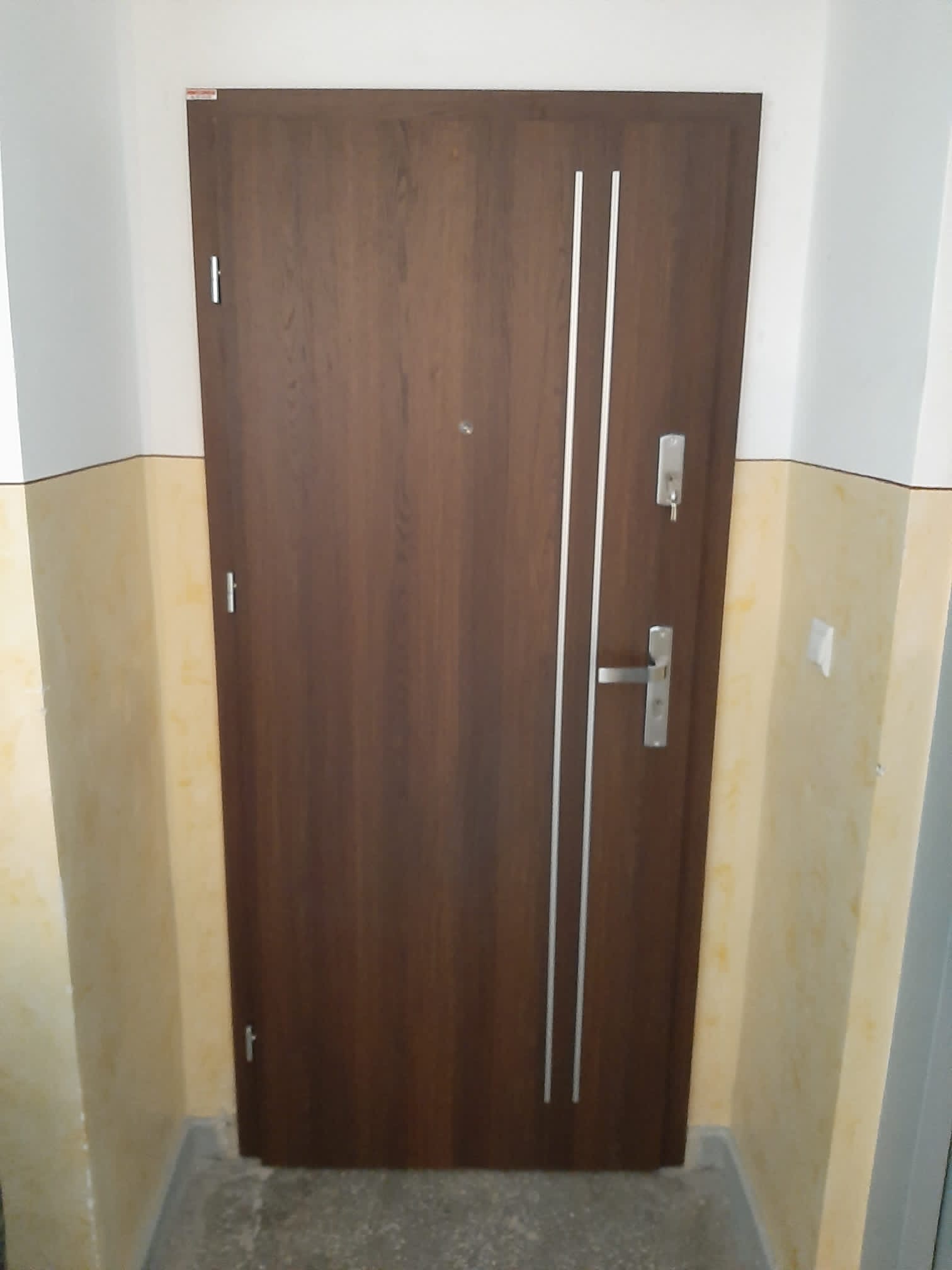 Ciemnobrązowe drzwi wejściowe z dwoma pionowymi, srebrnymi paskami i srebrną klamką, zamontowane w korytarzu z beżowo-białymi ścianami.