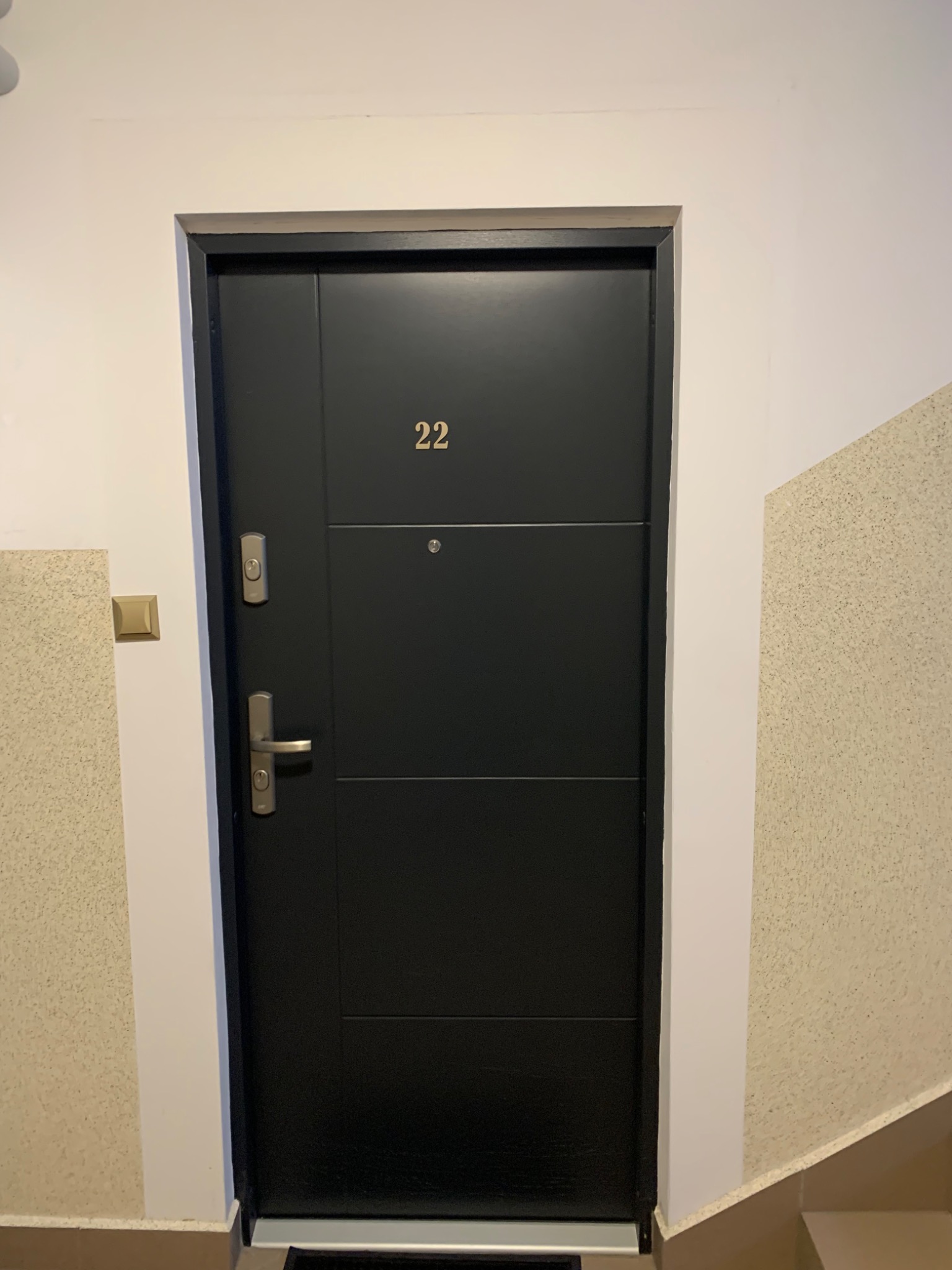 Ciemne drzwi wejściowe z numerem 22 w bloku mieszkalnym, widoczne zabezpieczenia i klamka.