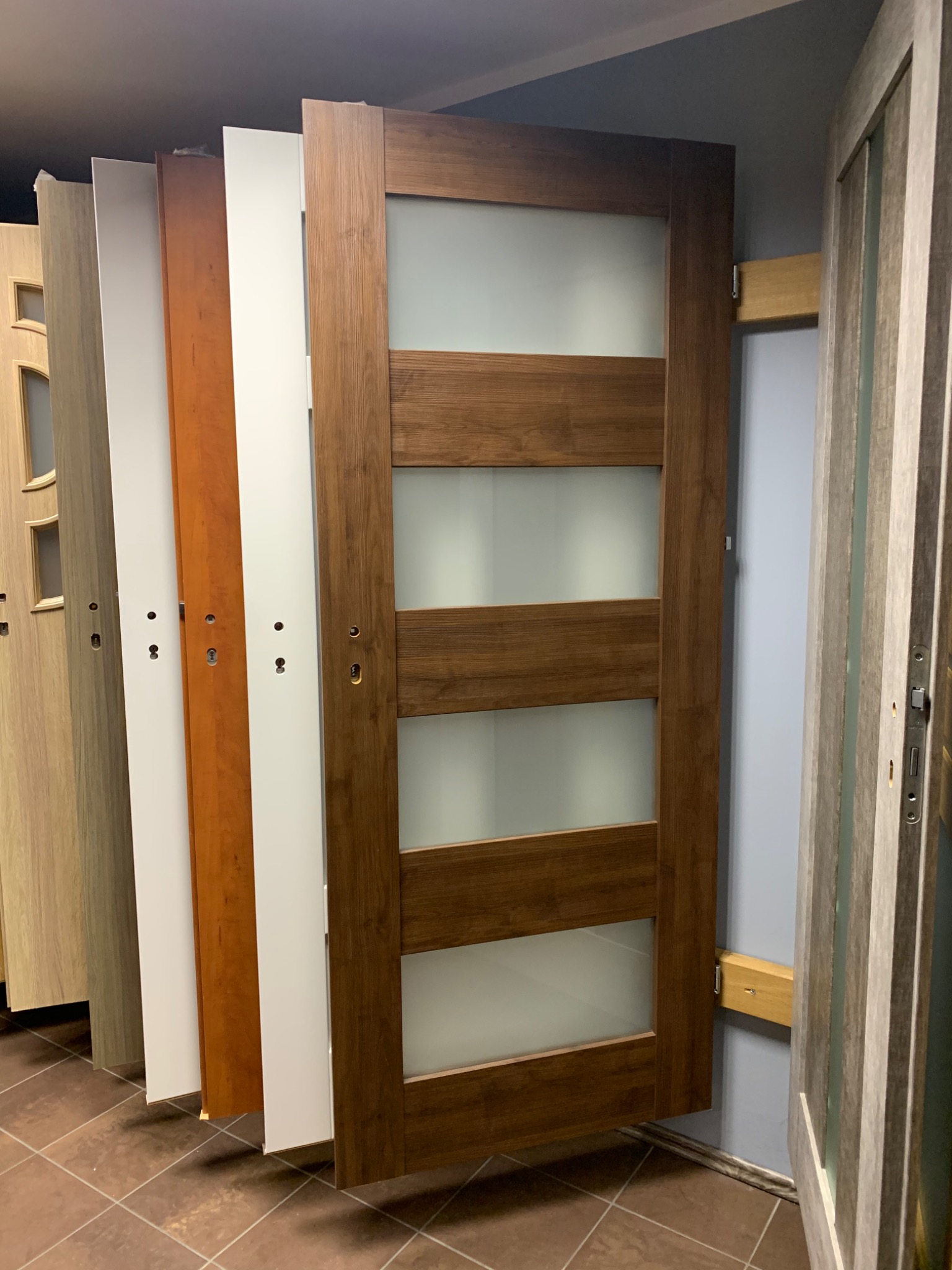 Rząd różnych modeli drzwi wewnętrznych, w tym drewniane z matowym szkłem, białe i w kolorze drewna, prezentowanych w sklepie.