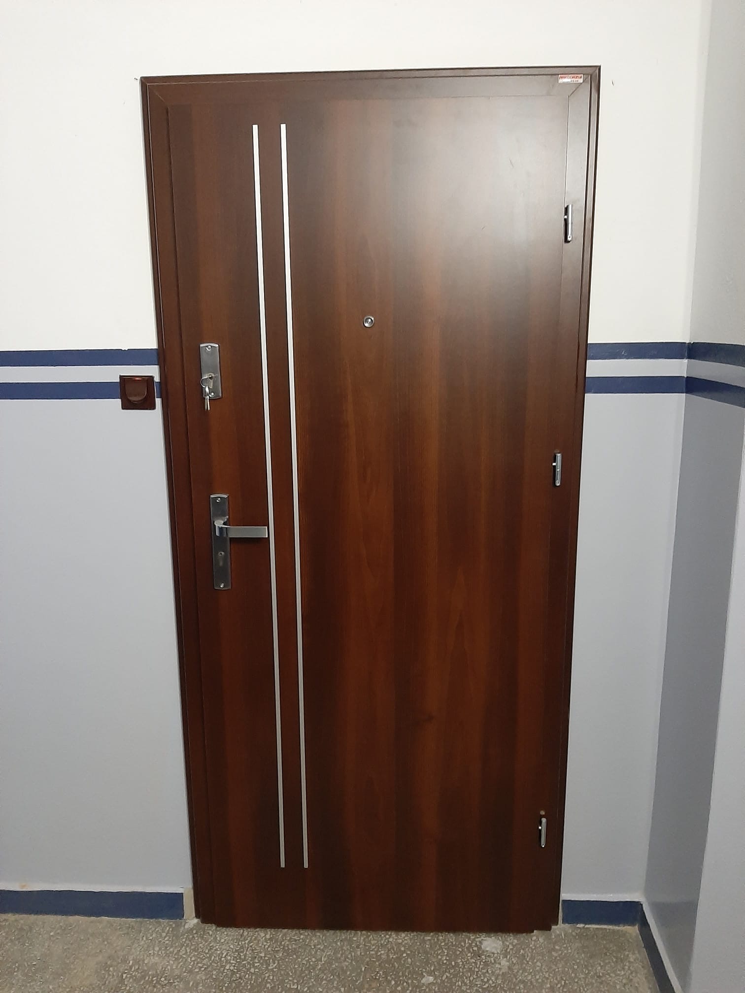 Ciemnobrązowe drzwi wejściowe z dwoma pionowymi, białymi paskami dekoracyjnymi, zamontowane w korytarzu z szarymi ścianami i niebieskim pasem na dole.