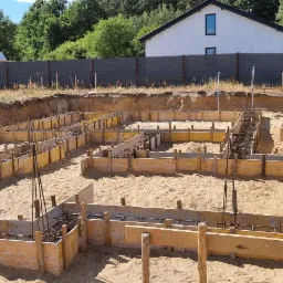 Przygotowanie szalunków i zbrojenia pod fundament domu w Żaganiu, widok z góry na wykop z piaskiem, w tle biały budynek mieszkalny i las.