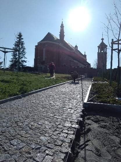 Świeżo ułożona ścieżka z kostki granitowej prowadząca w kierunku kościoła w słoneczny dzień, widoczni pracownicy z taczką. Fragment rabaty z niską zielenią po prawej stronie.
