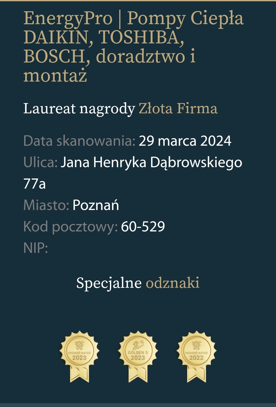 Skan dokumentu z danymi firmy EnergyPro, laureata nagrody Złota Firma, oferującej doradztwo i montaż urządzeń Daikin, Toshiba i Bosch, z adresami i odznakami Highest Rated 2023, Golden 5 2023...