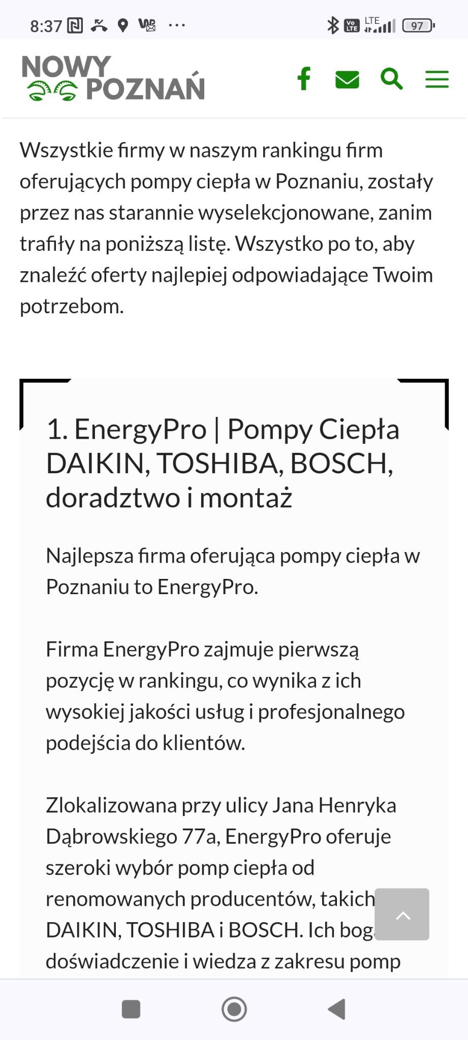 Artykuł z rankingu firm oferujących pompy ciepła w Poznaniu, z wyróżnieniem firmy EnergyPro oferującej doradztwo i montaż pomp ciepła marek DAIKIN, TOSHIBA i BOSCH.