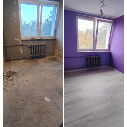 PYSMENNYI - Porównanie stanu pokoju przed i po remoncie: od surowego betonu i szarej ściany do fioletowej ściany i paneli podłogowych.