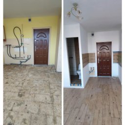 PYSMENNYI - Porównanie stanu przed i po: stara, zniszczona podłoga kontra nowa, drewnopodobna podłoga w jasnym pomieszczeniu z wejściem do łazienki.