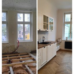 PYSMENNYI - Porównanie stanu kuchni przed i po: surowy stan z drewnianą konstrukcją pod podłogę i zniszczonym sufitem zestawiony z wykończoną kuchnią z białymi szafkami, drewnianym blatem i parkietem w jodełkę.
