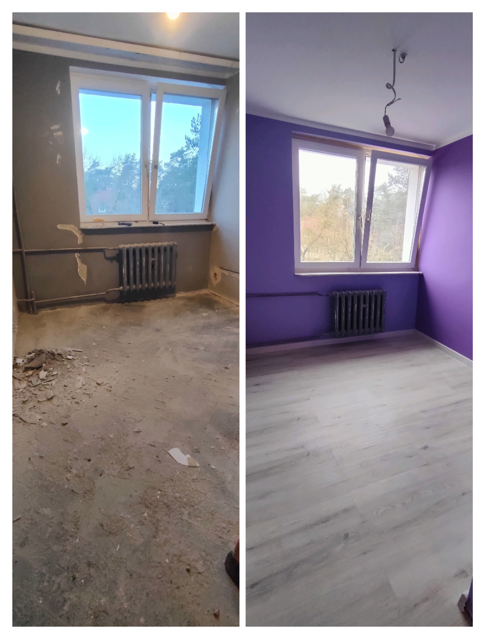 Porównanie stanu pokoju przed i po remoncie: od surowego betonu i szarej ściany do fioletowej ściany i paneli podłogowych.
