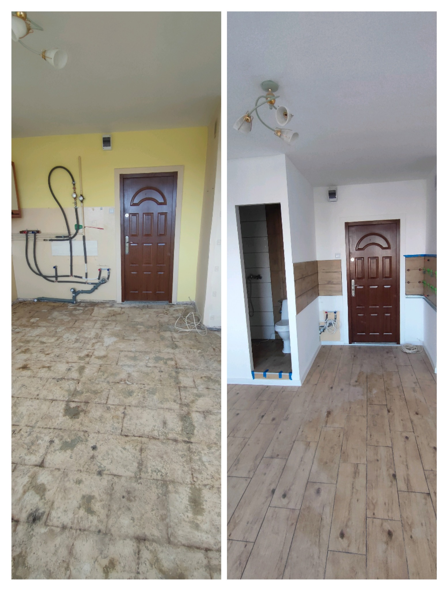 Porównanie stanu przed i po: stara, zniszczona podłoga kontra nowa, drewnopodobna podłoga w jasnym pomieszczeniu z wejściem do łazienki.