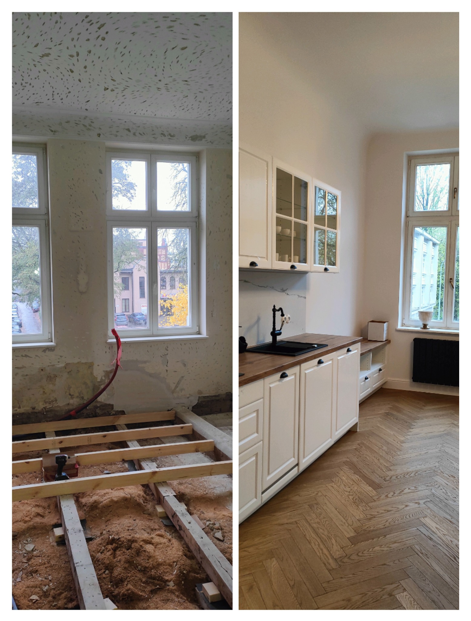 Porównanie stanu kuchni przed i po: surowy stan z drewnianą konstrukcją pod podłogę i zniszczonym sufitem zestawiony z wykończoną kuchnią z białymi szafkami, drewnianym blatem i parkietem w jodełkę.