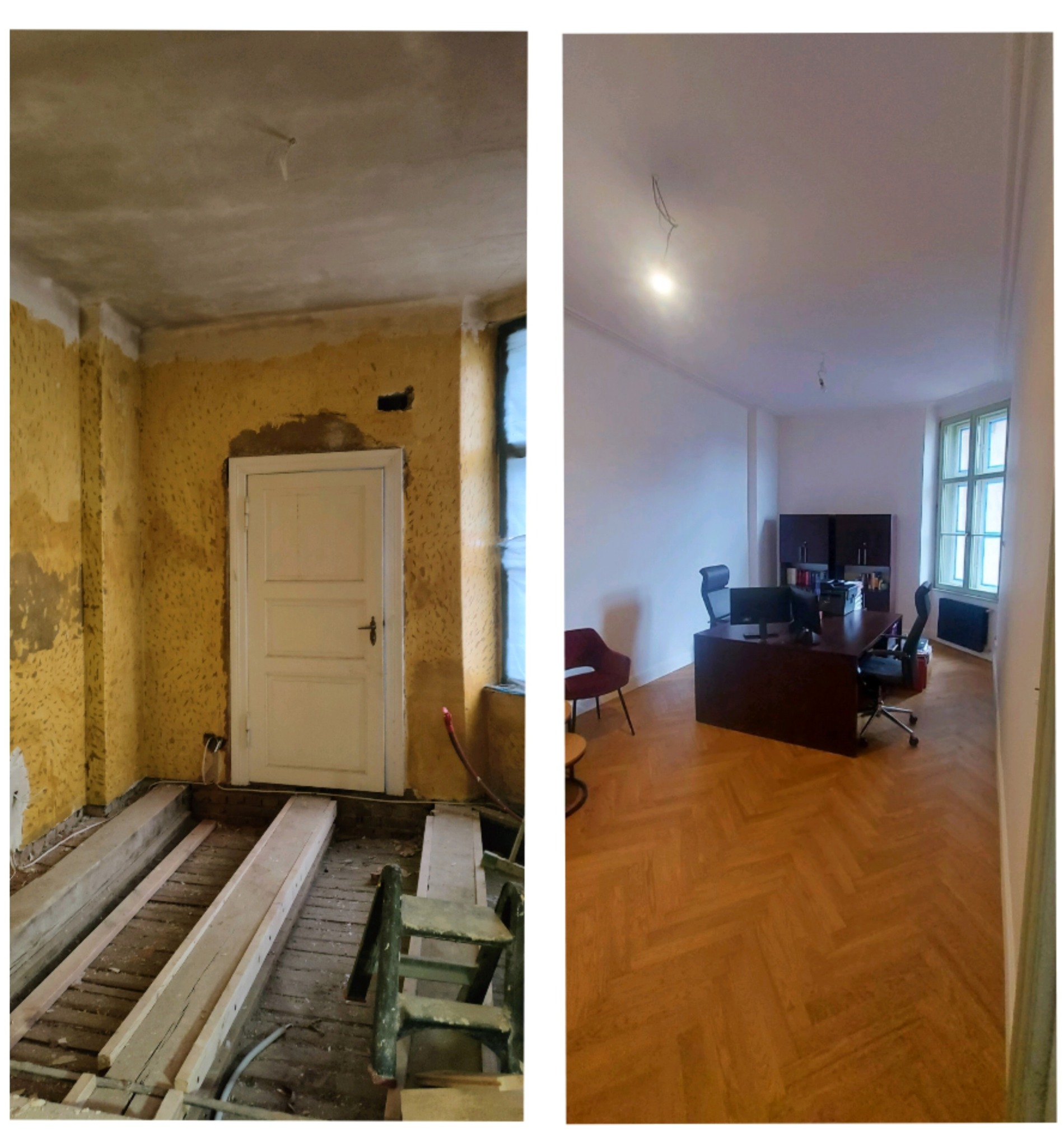 Porównanie stanu pokoju przed i po remoncie: z lewej strony pokój z zerwaną tapetą, odsłoniętymi belkami podłogowymi i starą drabiną, z prawej strony wyremontowany pokój biurowy z parkietem...