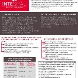 Informacja o firmie Integral oferującej świadectwa charakterystyki energetycznej budynków, z zakresem usług, doświadczeniem, cennikiem i danymi kontaktowymi.
