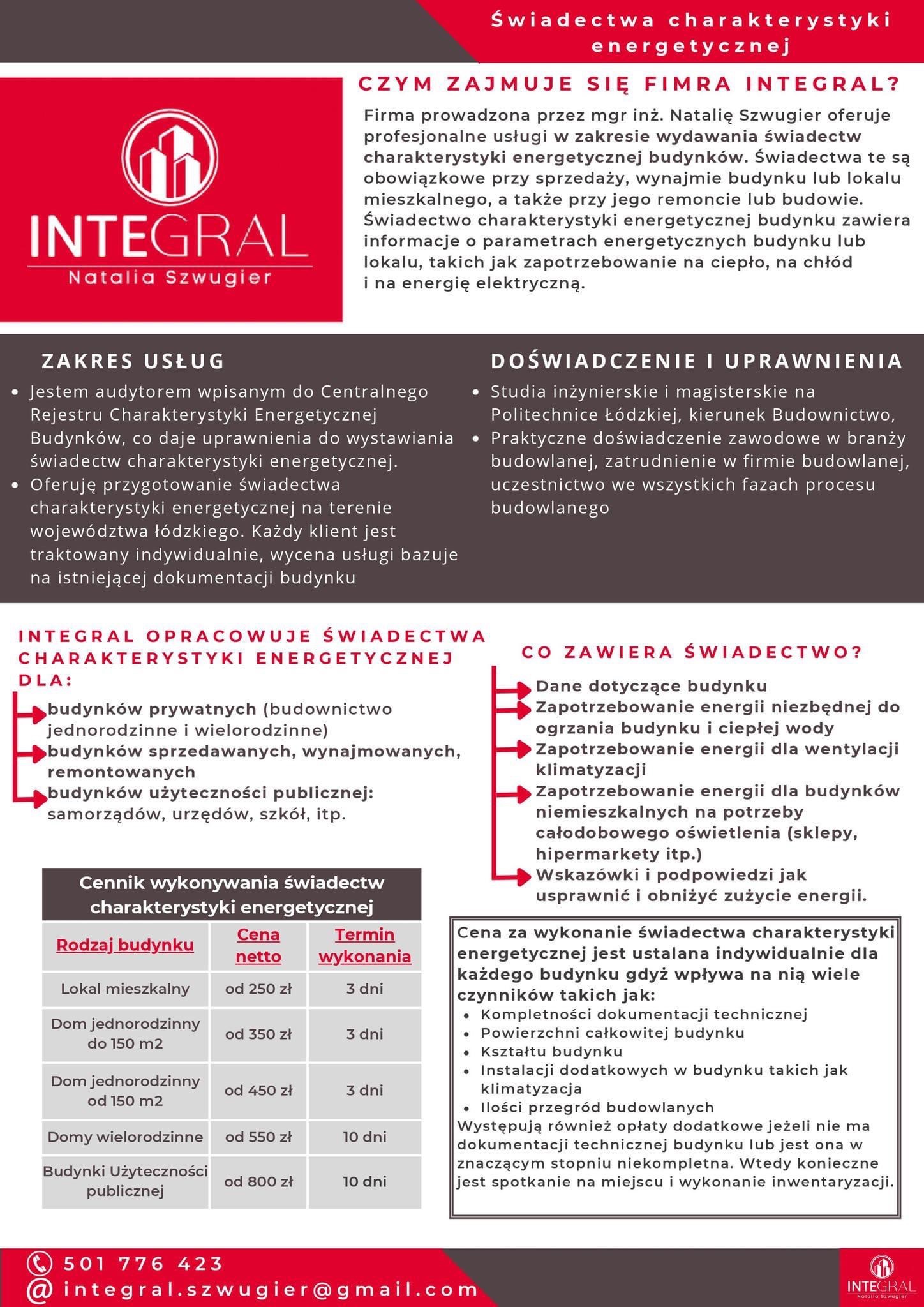 Informacja o firmie Integral oferującej świadectwa charakterystyki energetycznej budynków, z zakresem usług, doświadczeniem, cennikiem i danymi kontaktowymi.