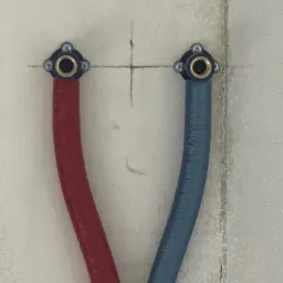 Dwa węże w kolorach czerwonym i niebieskim, zamocowane do ściany za pomocą metalowych kołnierzy z czterema śrubami, widoczne linie pomocnicze narysowane oł&oacute;wkiem na surowej ścianie.