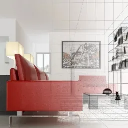 Wizualizacja wnętrza salonu z czerwoną sofą, lampami i obrazami na ścianach, nałożona na siatkę projektu architektonicznego.